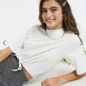 Monki White Shirt Crop Top oversized cut basic Size L